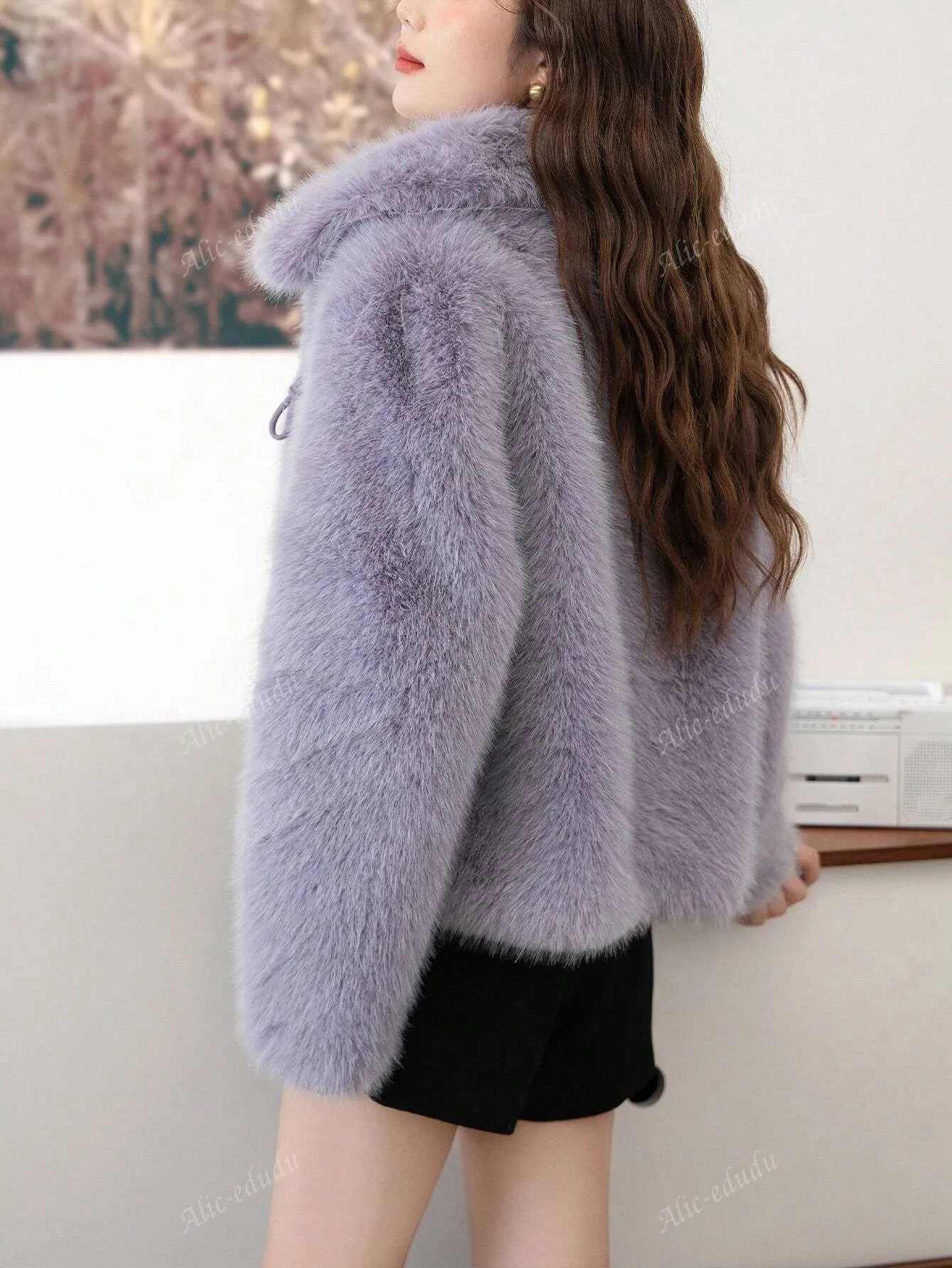 Alicedudu Women Simple Style Faux Fur Aviator Jacket