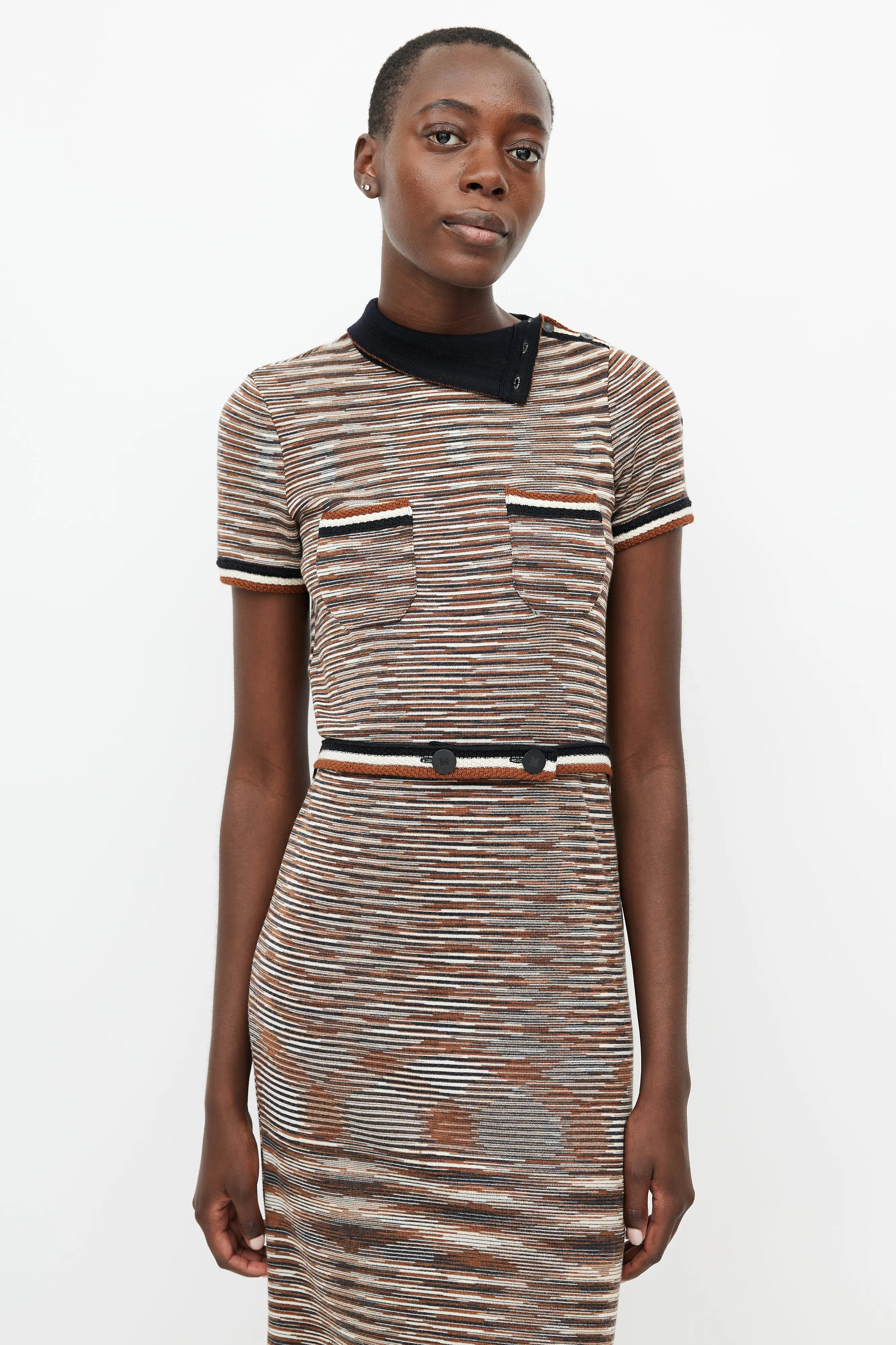 Beige & Multicolour Knit Stripe Belted Dress