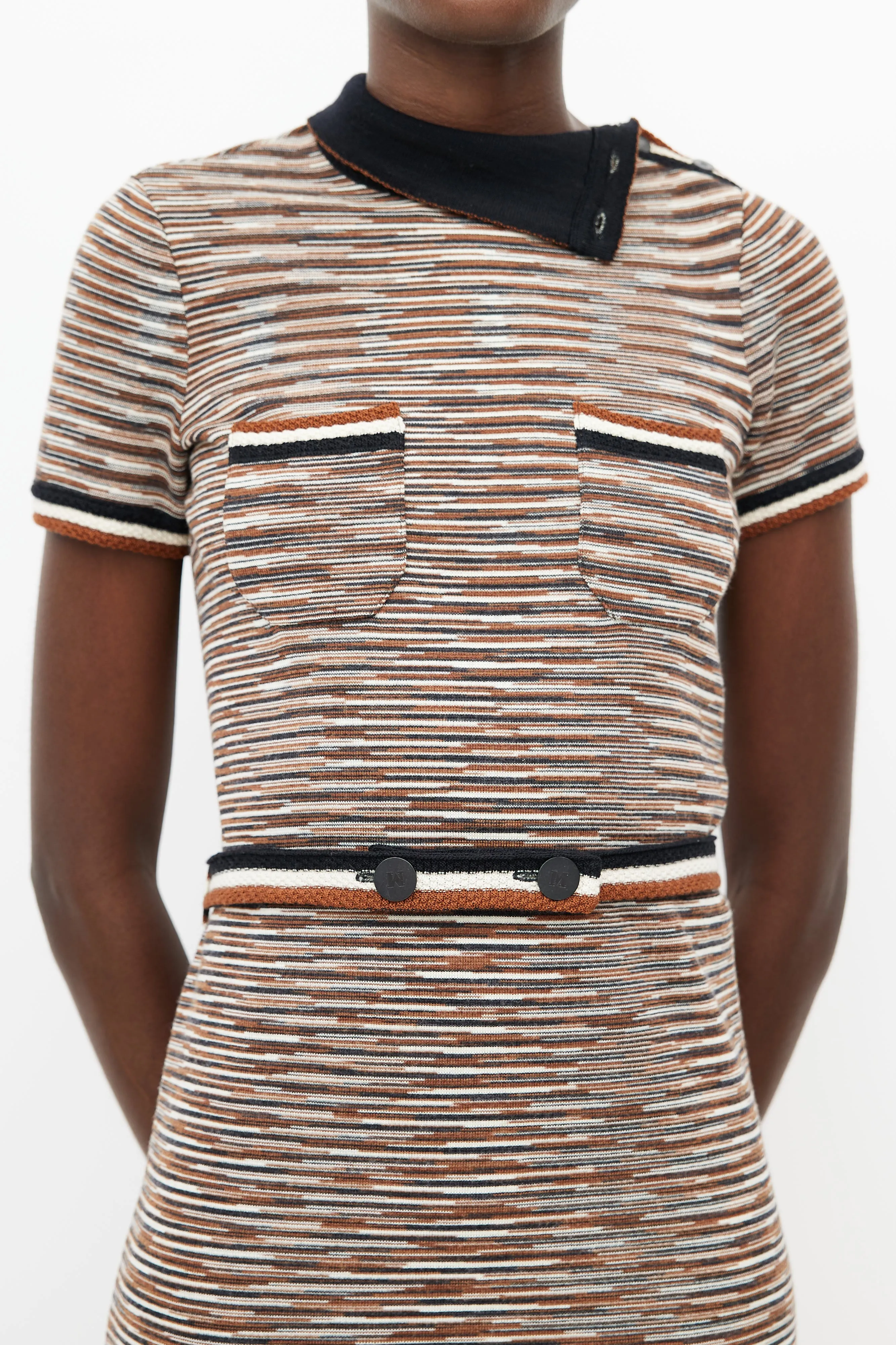 Beige & Multicolour Knit Stripe Belted Dress