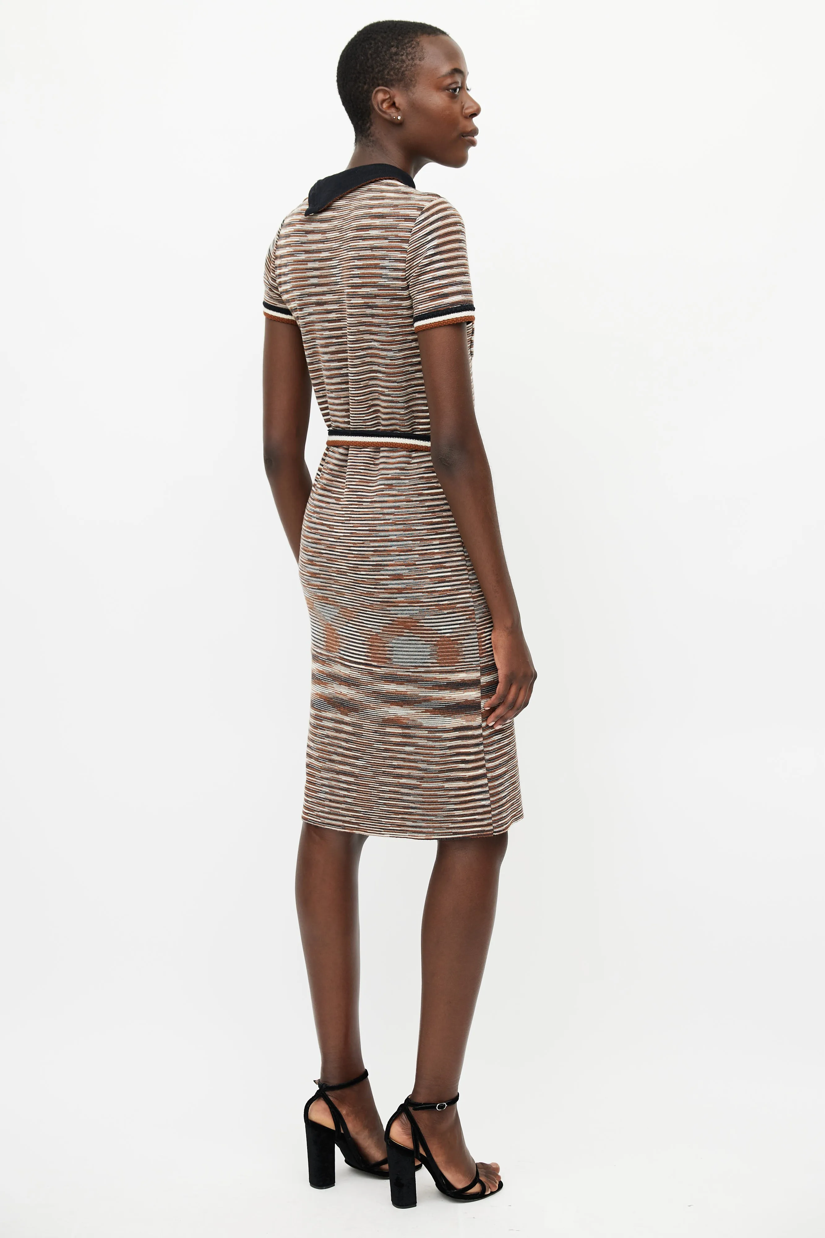 Beige & Multicolour Knit Stripe Belted Dress
