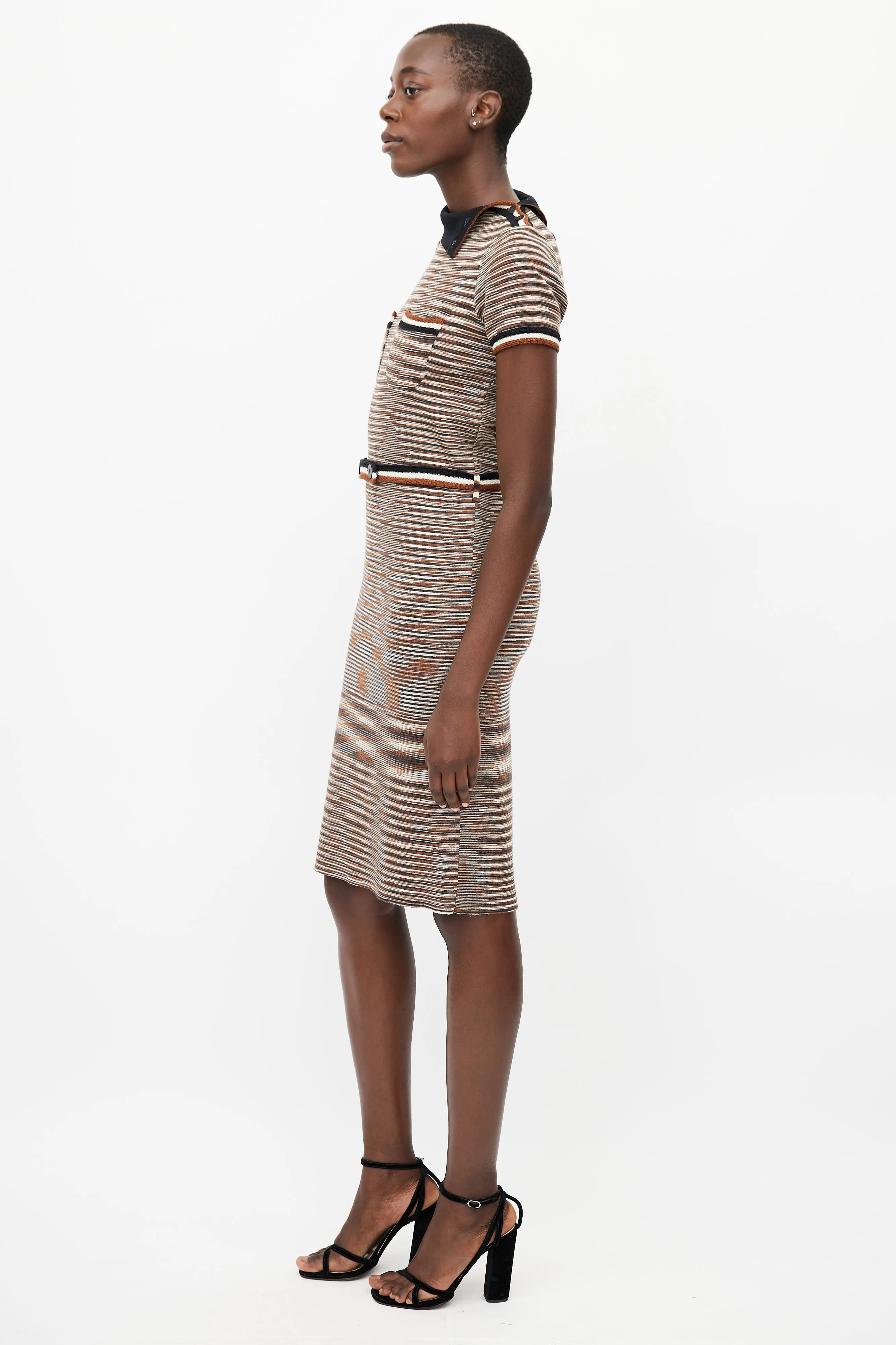Beige & Multicolour Knit Stripe Belted Dress