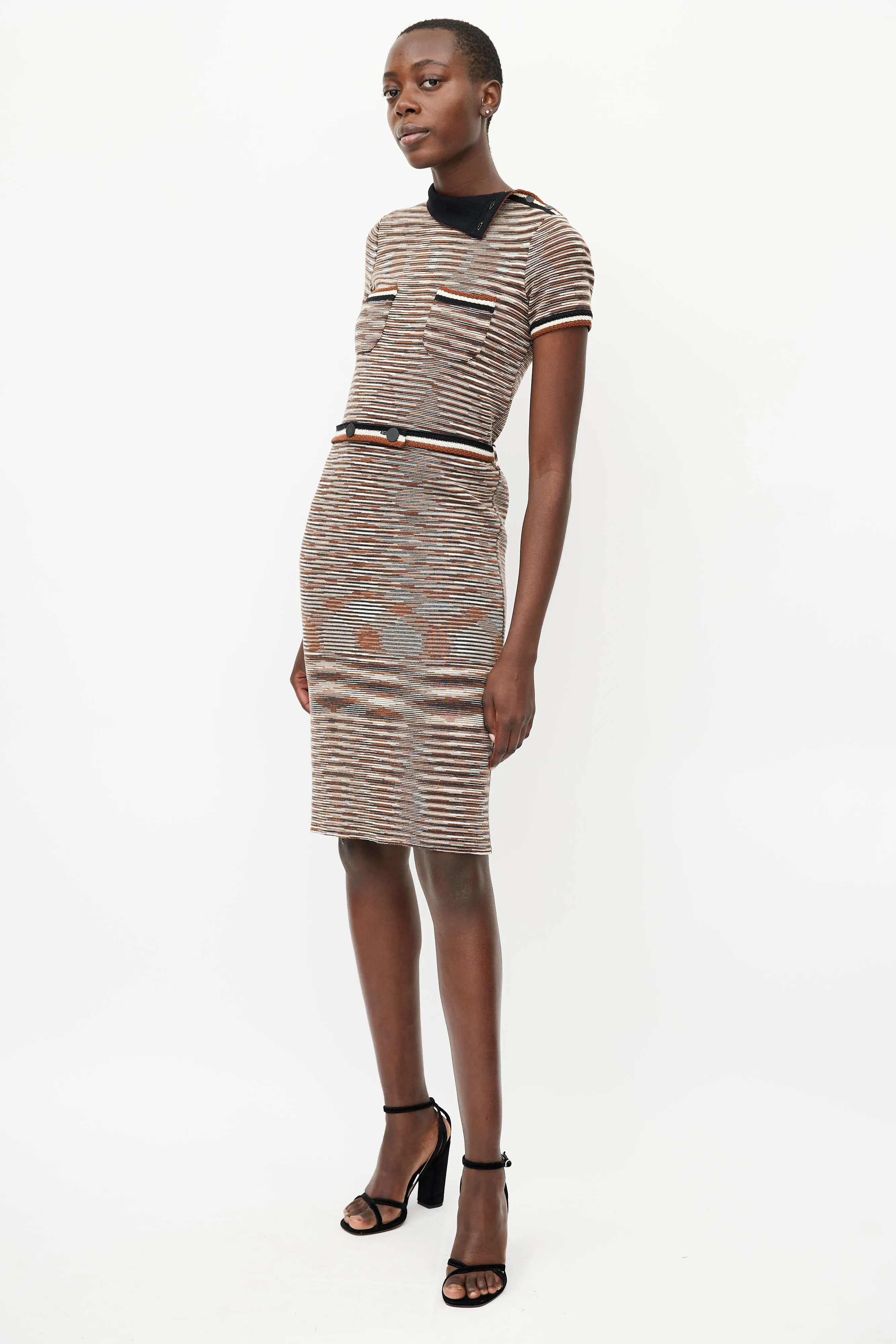 Beige & Multicolour Knit Stripe Belted Dress
