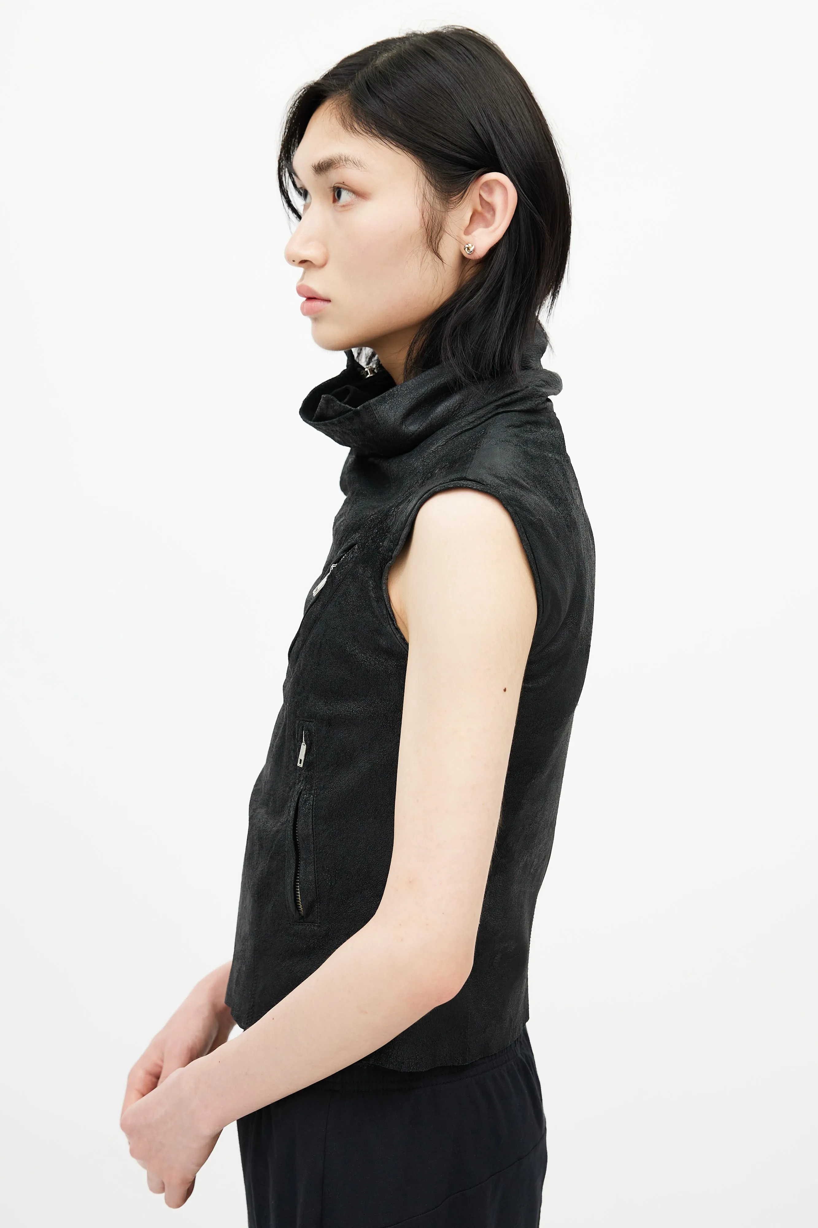 Black Leather Sleeveless Vest