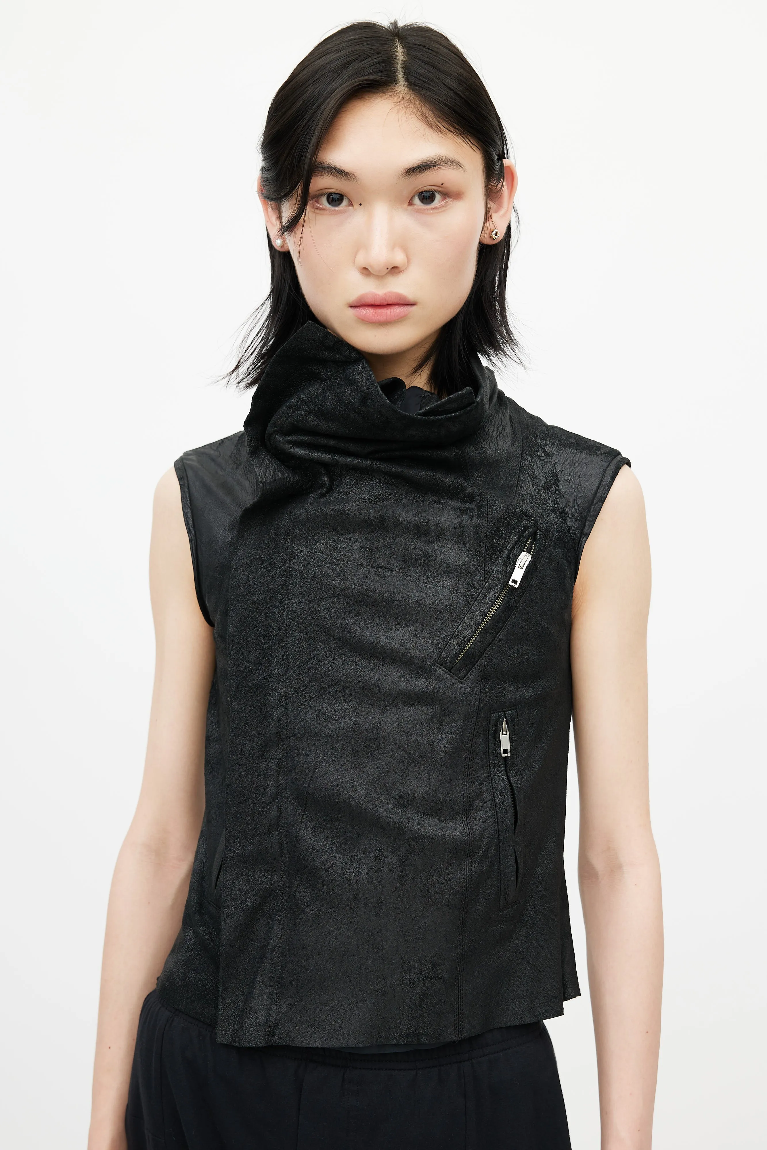 Black Leather Sleeveless Vest