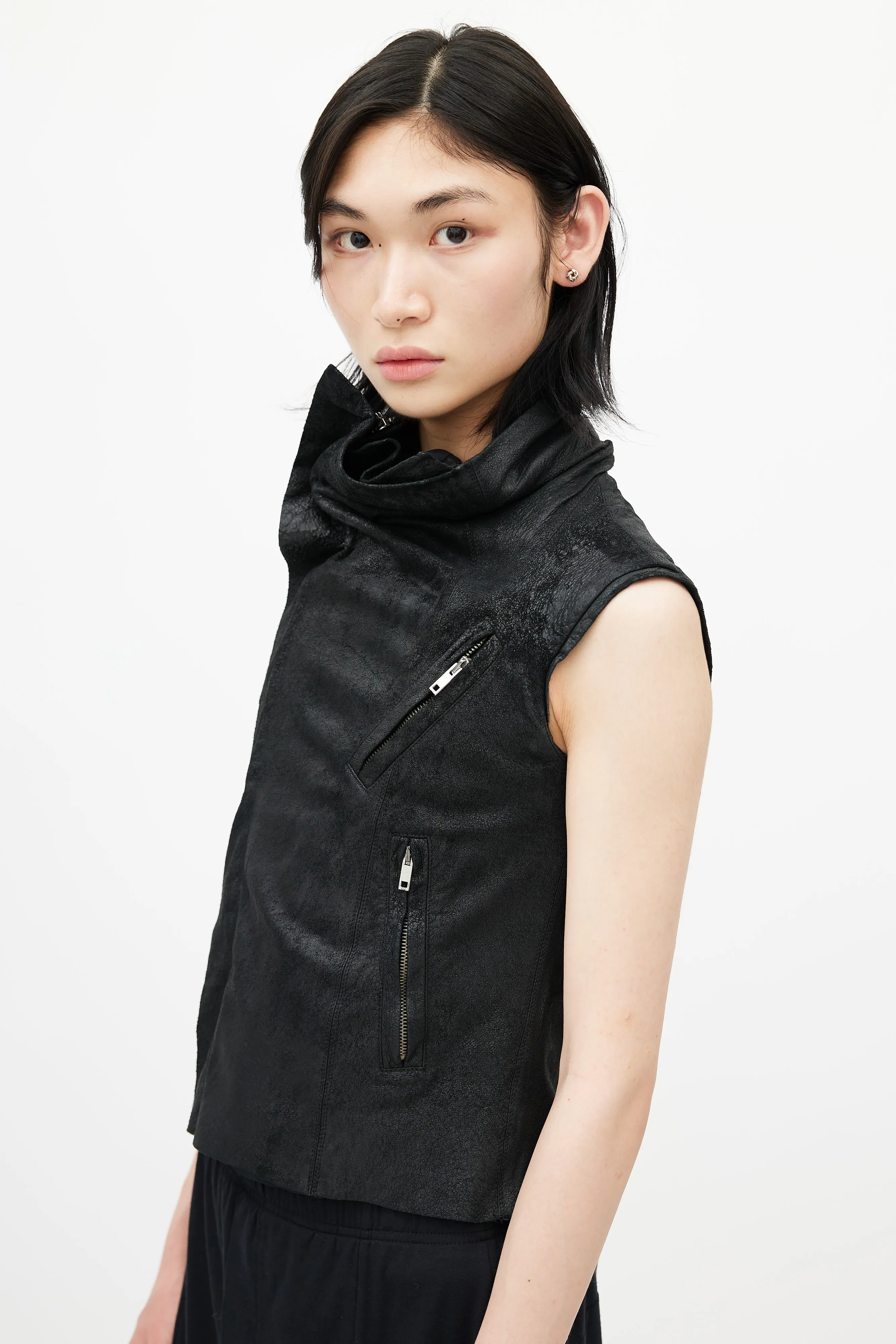 Black Leather Sleeveless Vest