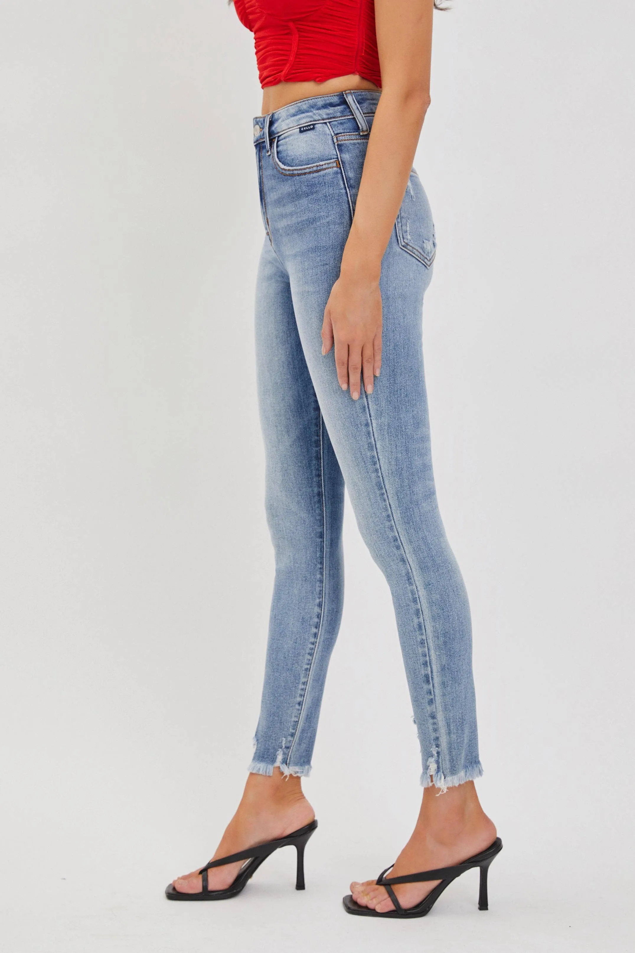 Cello Jeans- Medium High Rise Ankle Skinny with Frayed Hem (Sizes 1-13)