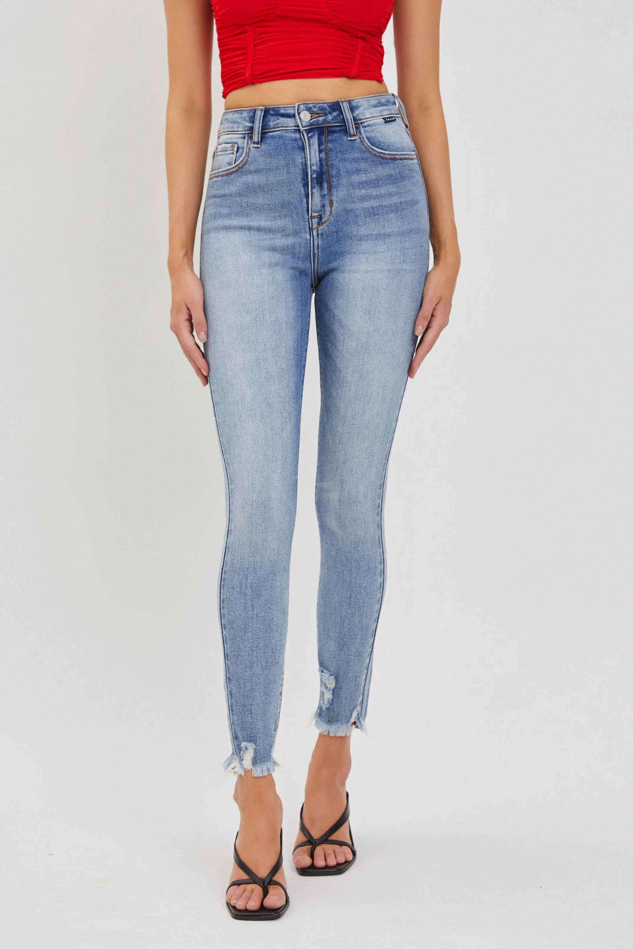Cello Jeans- Medium High Rise Ankle Skinny with Frayed Hem (Sizes 1-13)