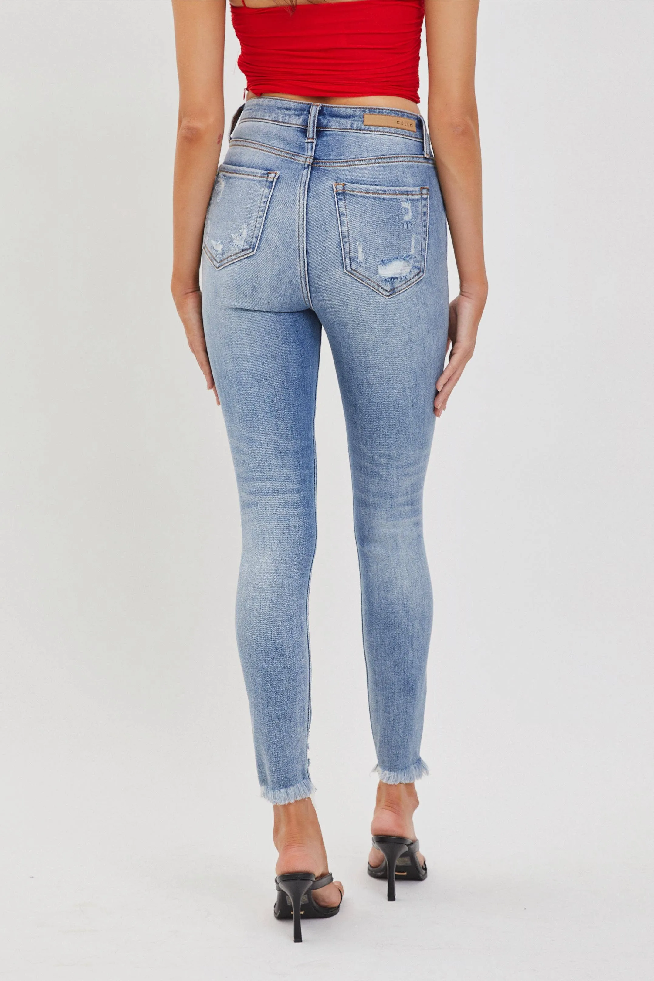 Cello Jeans- Medium High Rise Ankle Skinny with Frayed Hem (Sizes 1-13)