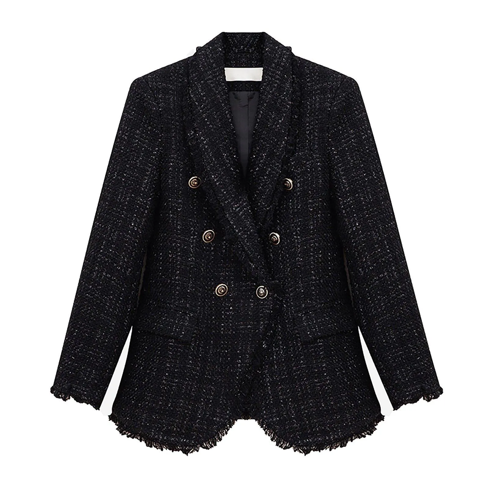 Double Breasted Shawl Collar Tassel Hem Tweed Blazer