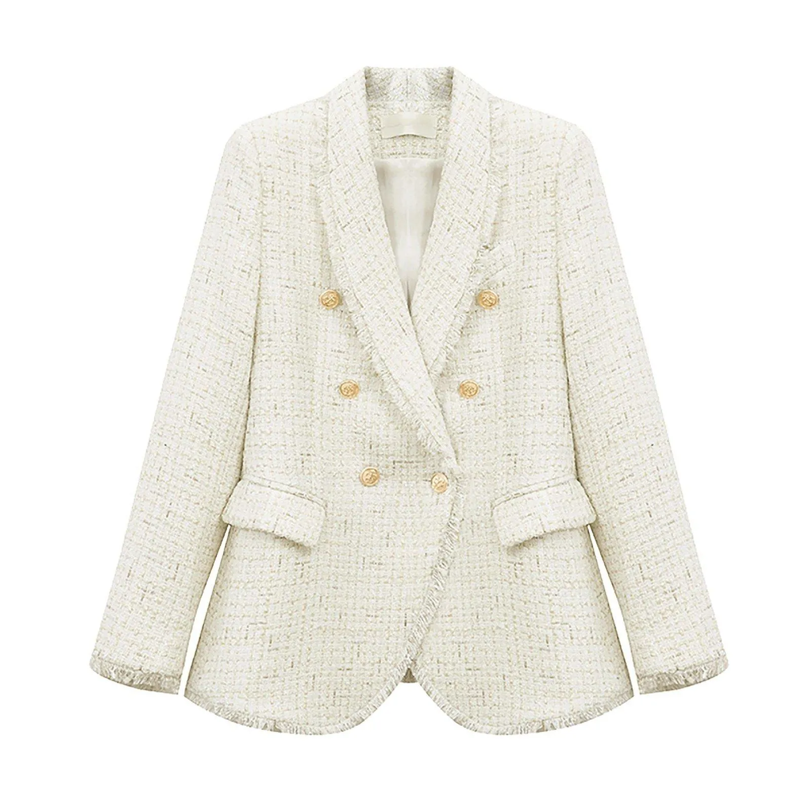 Double Breasted Shawl Collar Tassel Hem Tweed Blazer