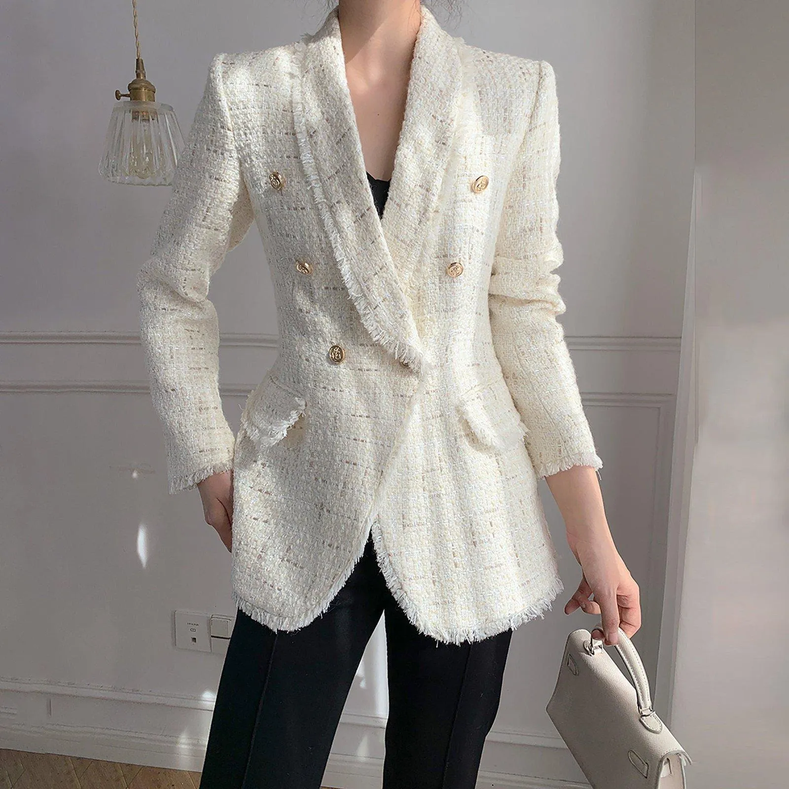 Double Breasted Shawl Collar Tassel Hem Tweed Blazer