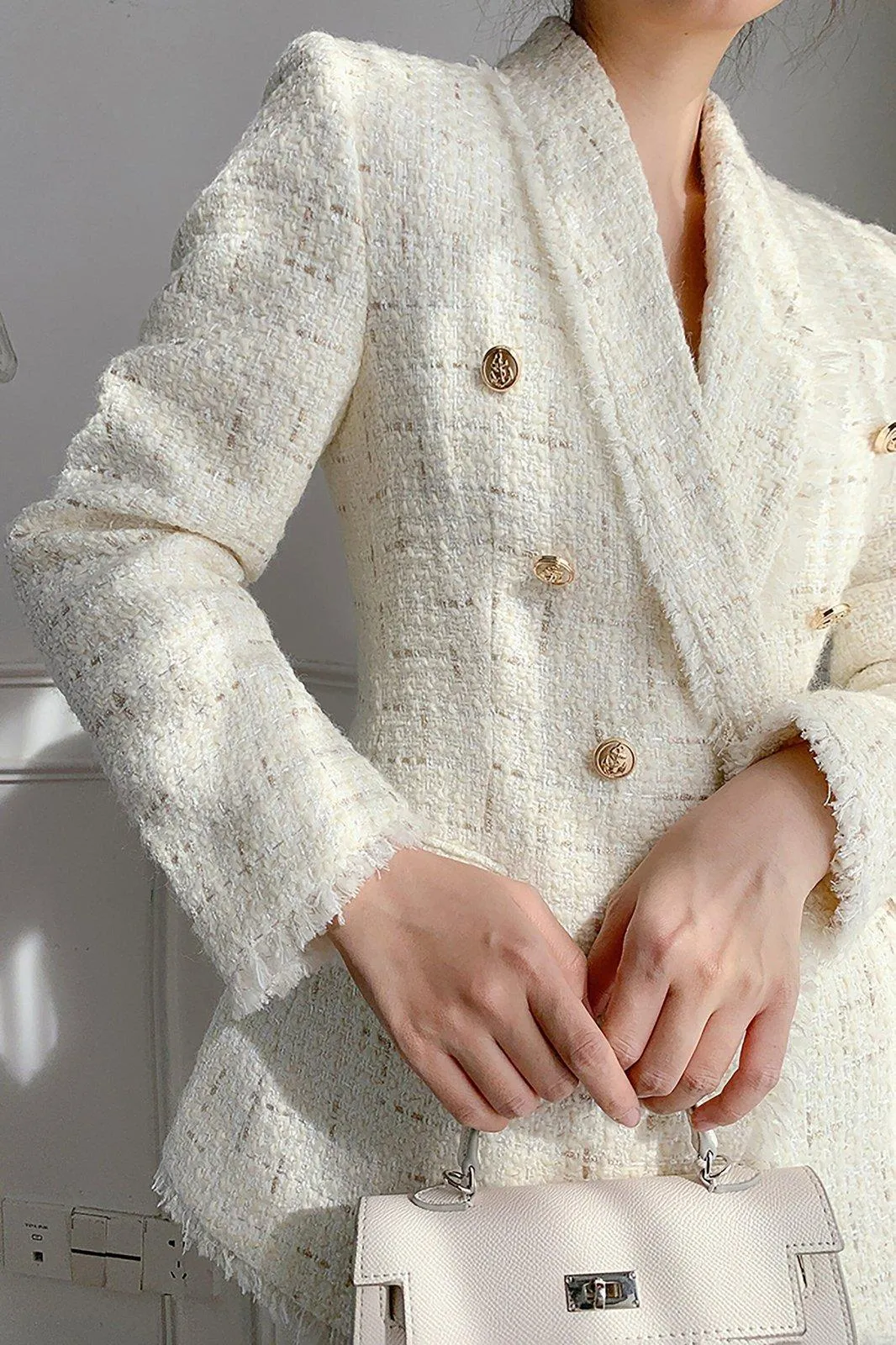 Double Breasted Shawl Collar Tassel Hem Tweed Blazer