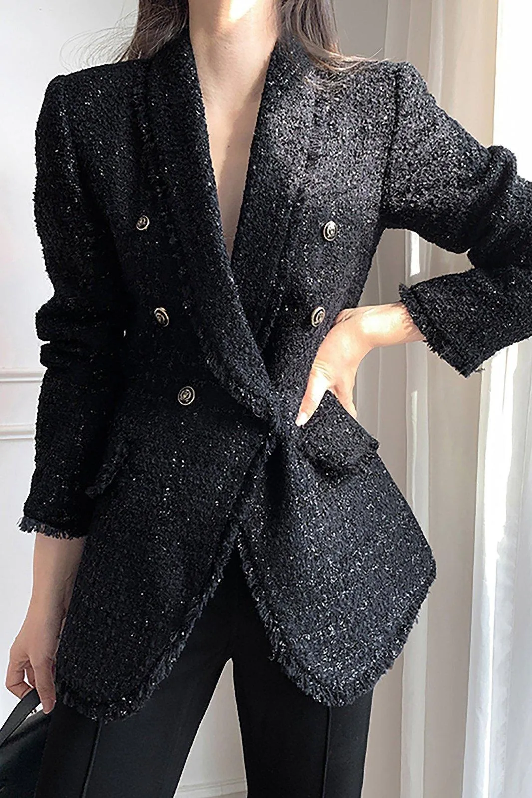 Double Breasted Shawl Collar Tassel Hem Tweed Blazer