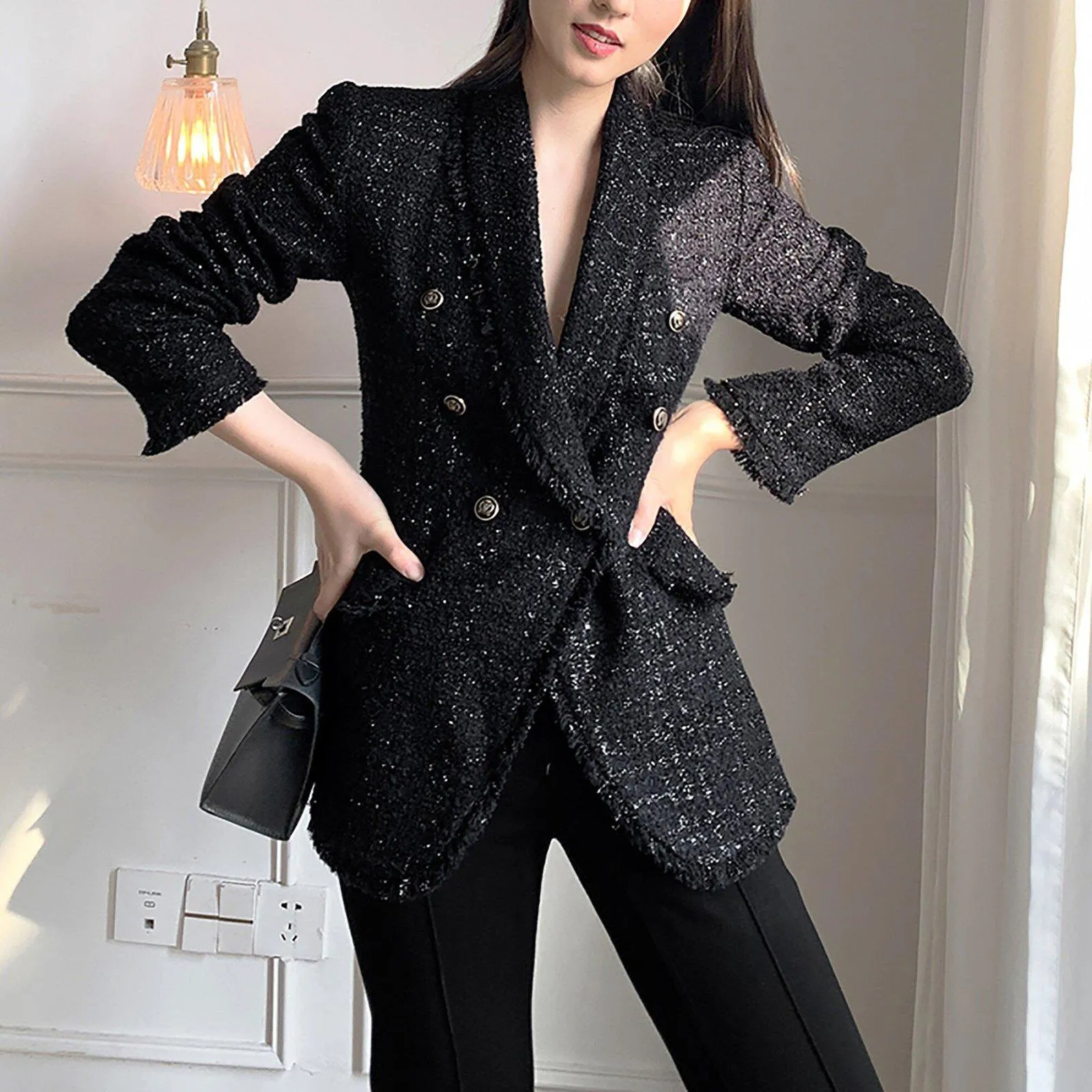 Double Breasted Shawl Collar Tassel Hem Tweed Blazer
