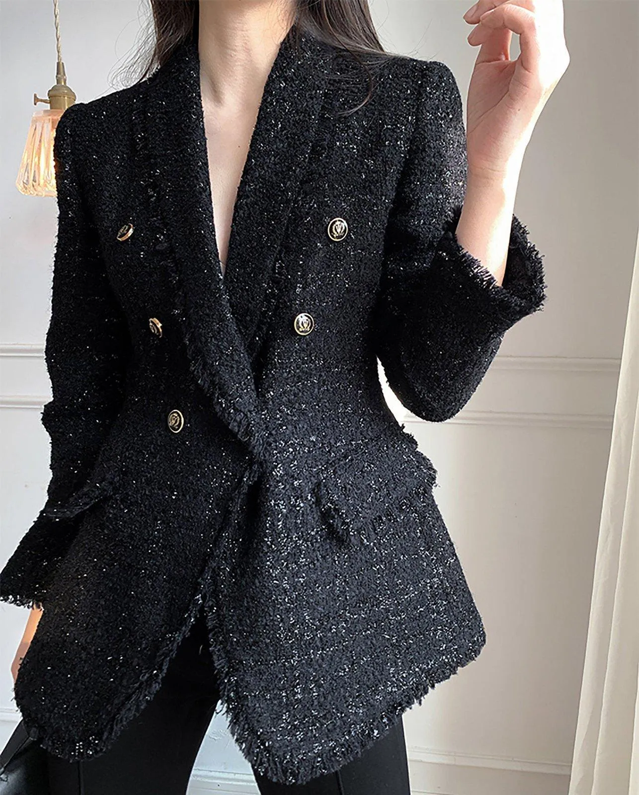 Double Breasted Shawl Collar Tassel Hem Tweed Blazer