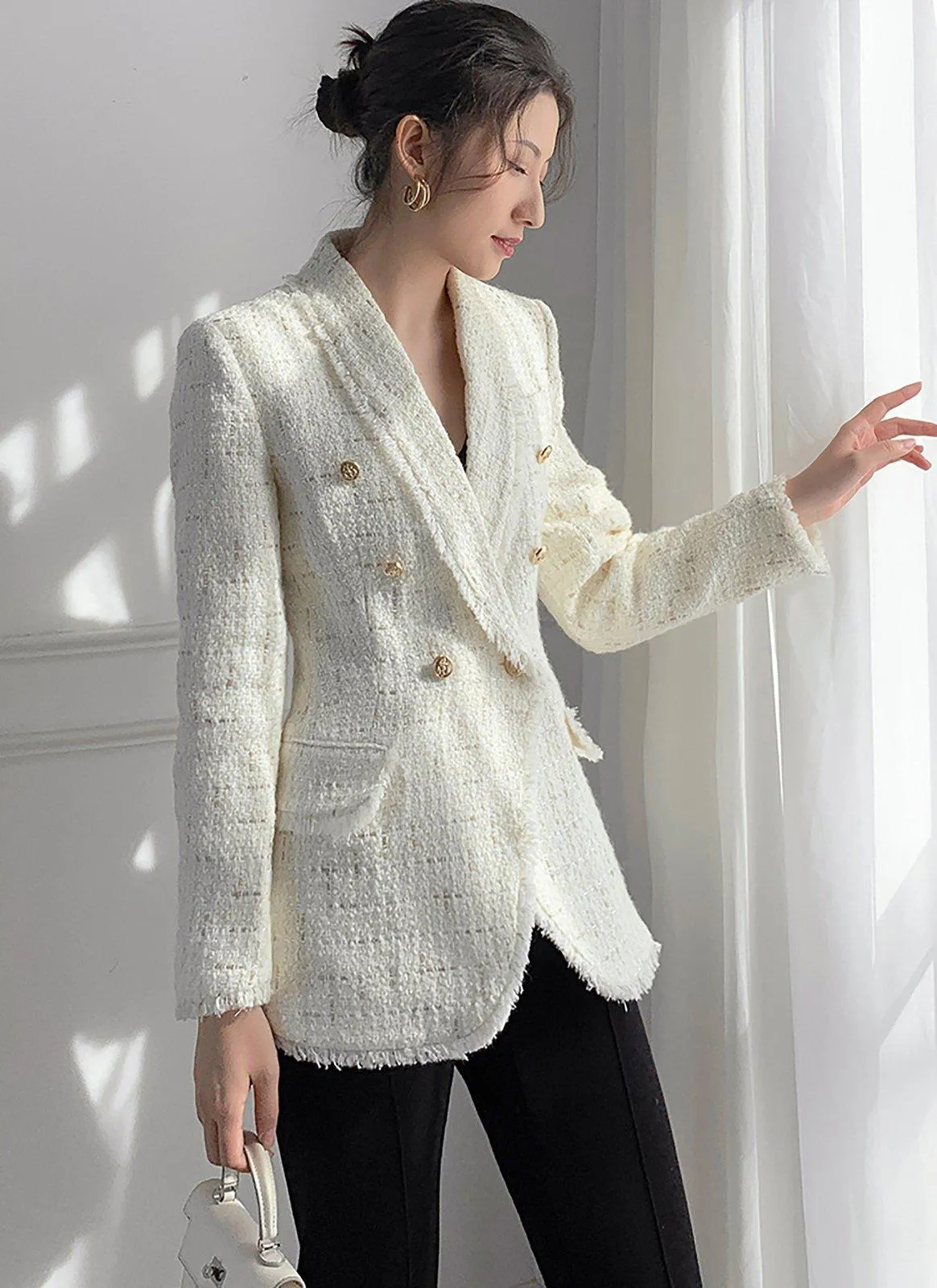 Double Breasted Shawl Collar Tassel Hem Tweed Blazer