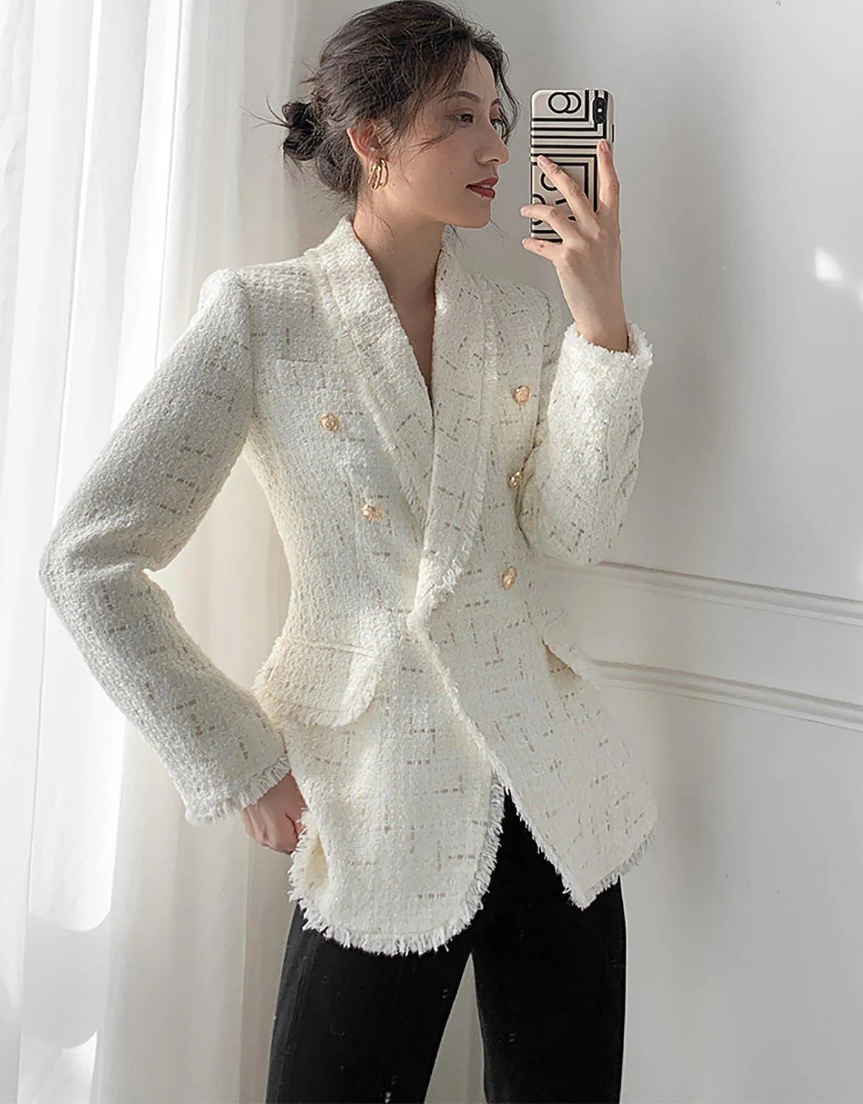 Double Breasted Shawl Collar Tassel Hem Tweed Blazer