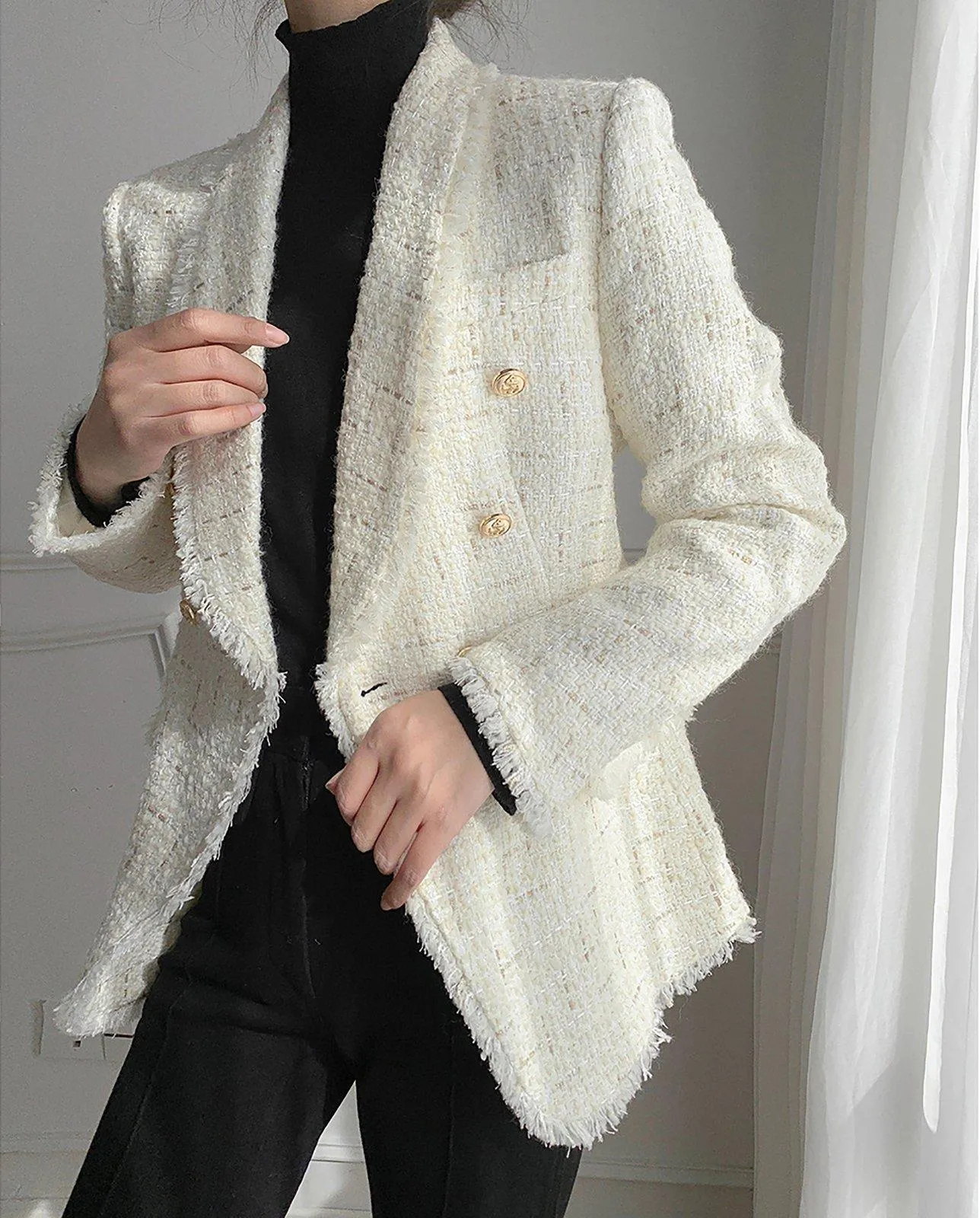 Double Breasted Shawl Collar Tassel Hem Tweed Blazer