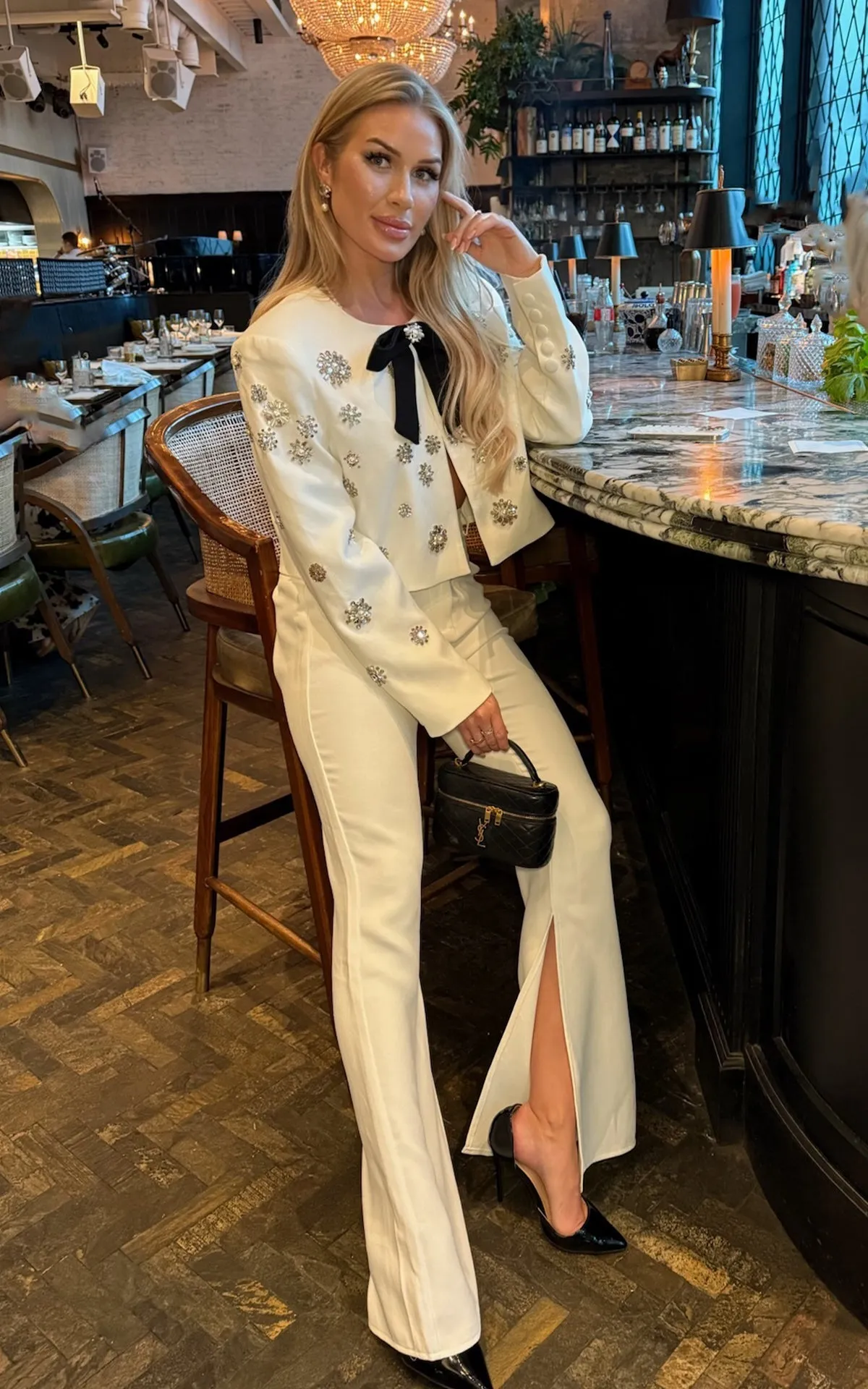 Fashionably London White Embellished Blazer Top & Tailored Side Slit Trousers Set