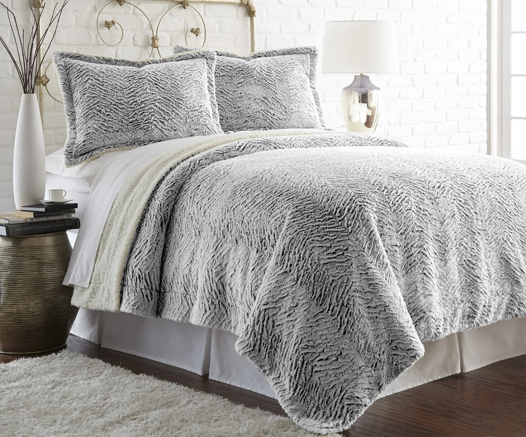 Faux fur/Sherpa 2 Piece Comforter Set Charcoal Twin/Twin XL