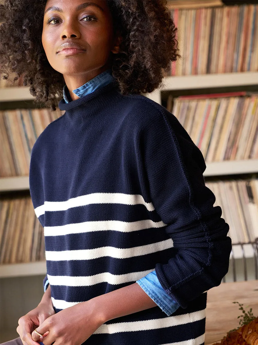 Frank & Eileen Monterey Rolled Funnel Neck Sweater in Navy & Cream Stripe
