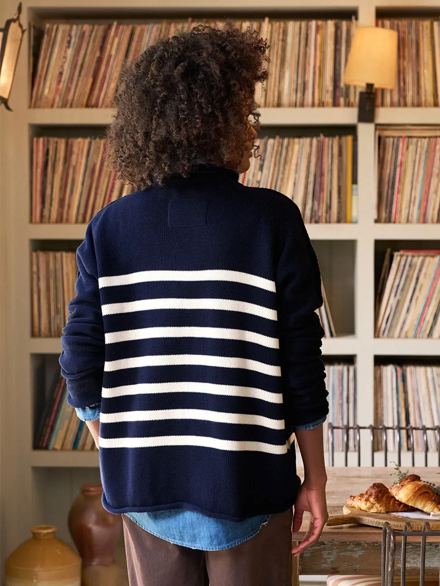 Frank & Eileen Monterey Rolled Funnel Neck Sweater in Navy & Cream Stripe