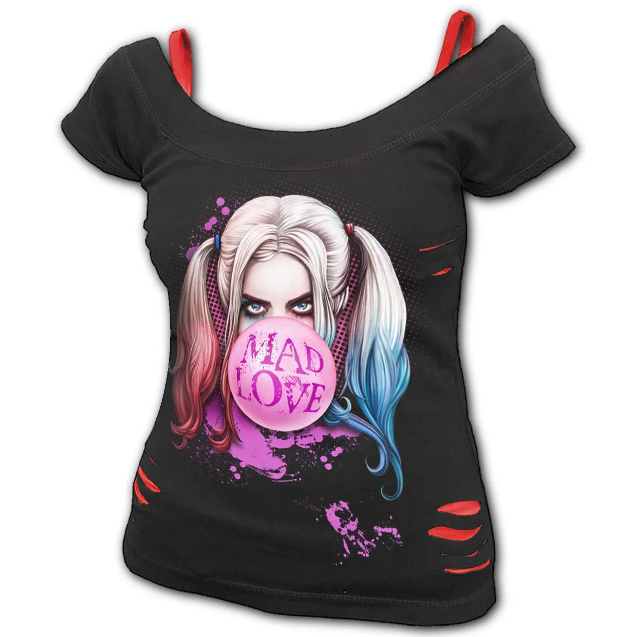 Harley Quinn Mad Love 2 in 1 Red Ripped Womens Top