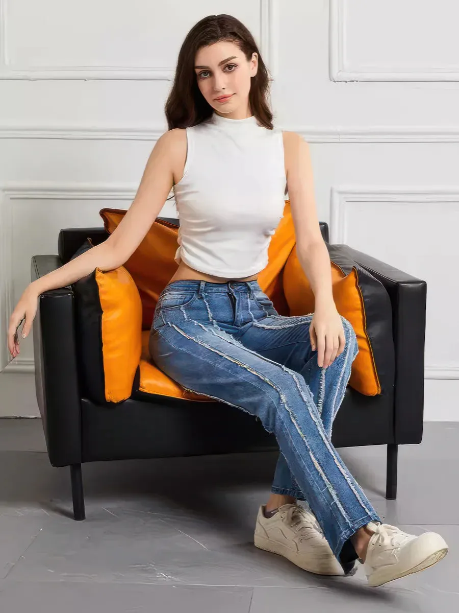 High-waisted high-stretch raw-edge jeans