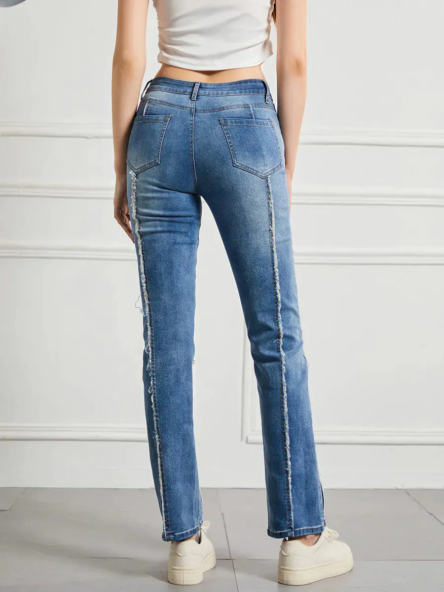 High-waisted high-stretch raw-edge jeans