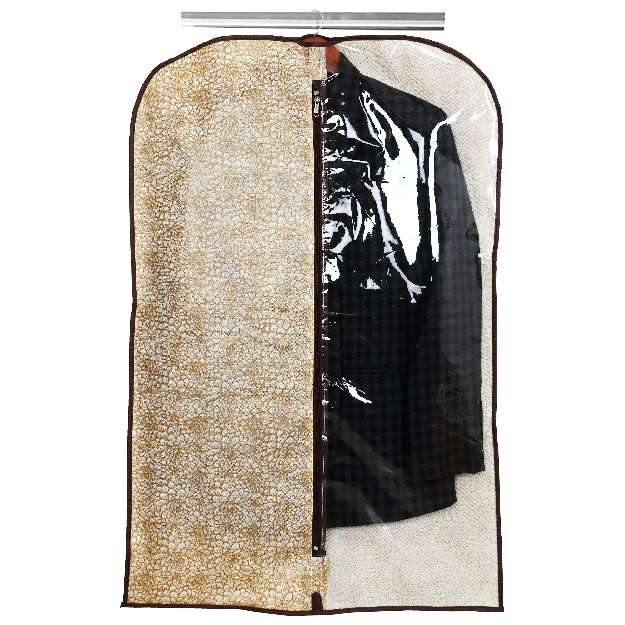 Kuber Industries Metallic Printed 3 Pieces Half Transparent Non Woven Men's Coat Blazer Cover (Golden & Brown) -CTKTC038147