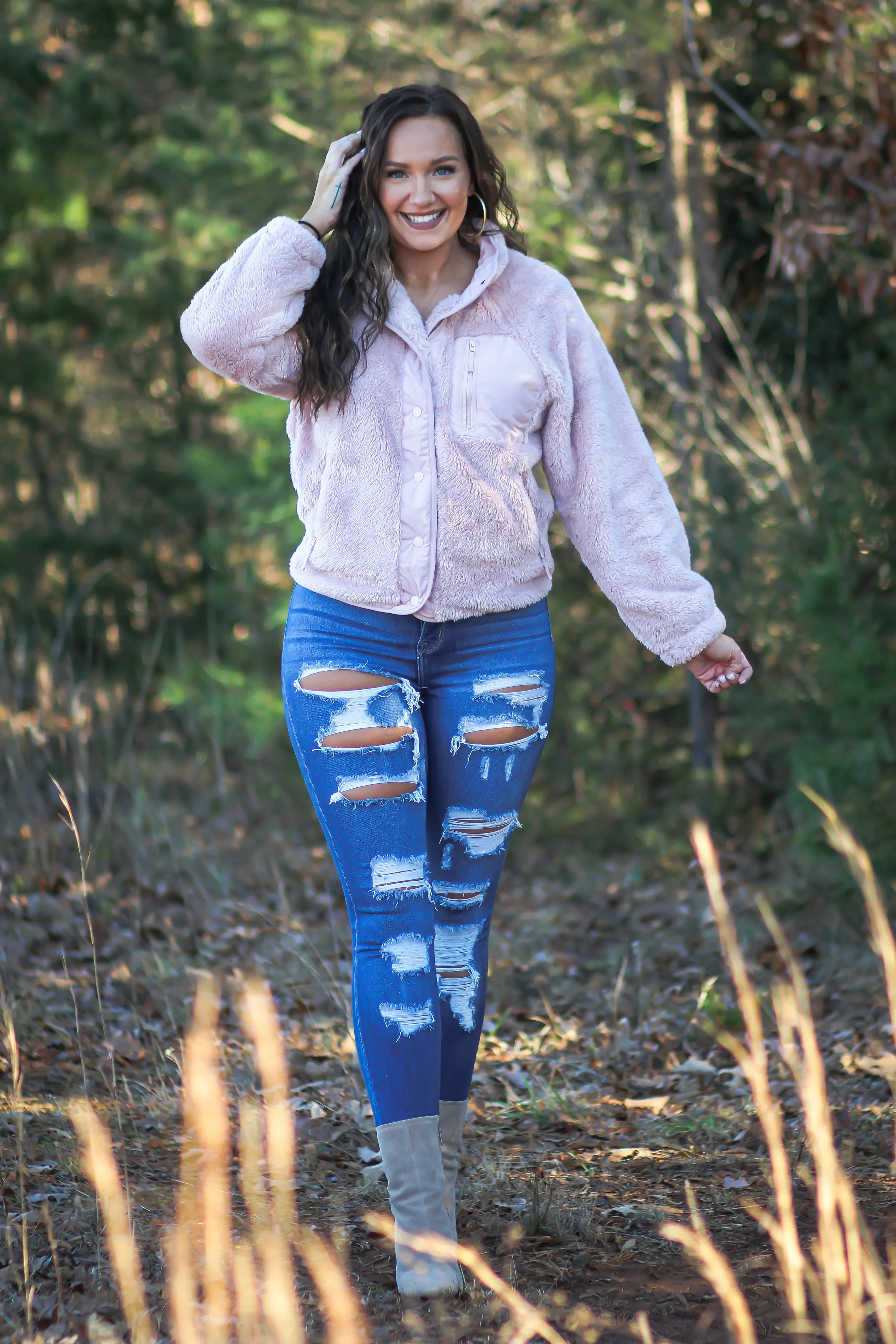 Mauve Faux Fur Button Down Jacket