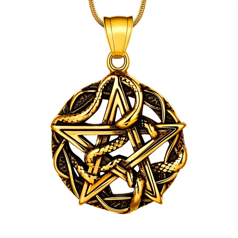 Men Wiccan Necklace Pentagram Entwined Snake Pendant Jewelry 316L Stainless Steel