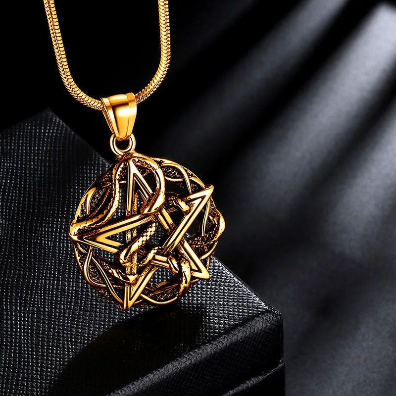 Men Wiccan Necklace Pentagram Entwined Snake Pendant Jewelry 316L Stainless Steel