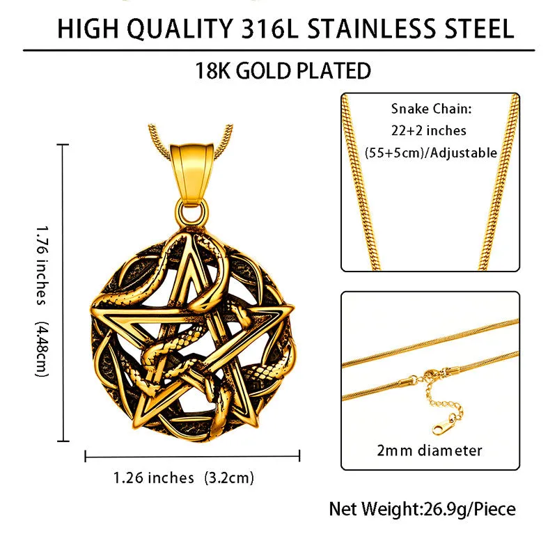 Men Wiccan Necklace Pentagram Entwined Snake Pendant Jewelry 316L Stainless Steel