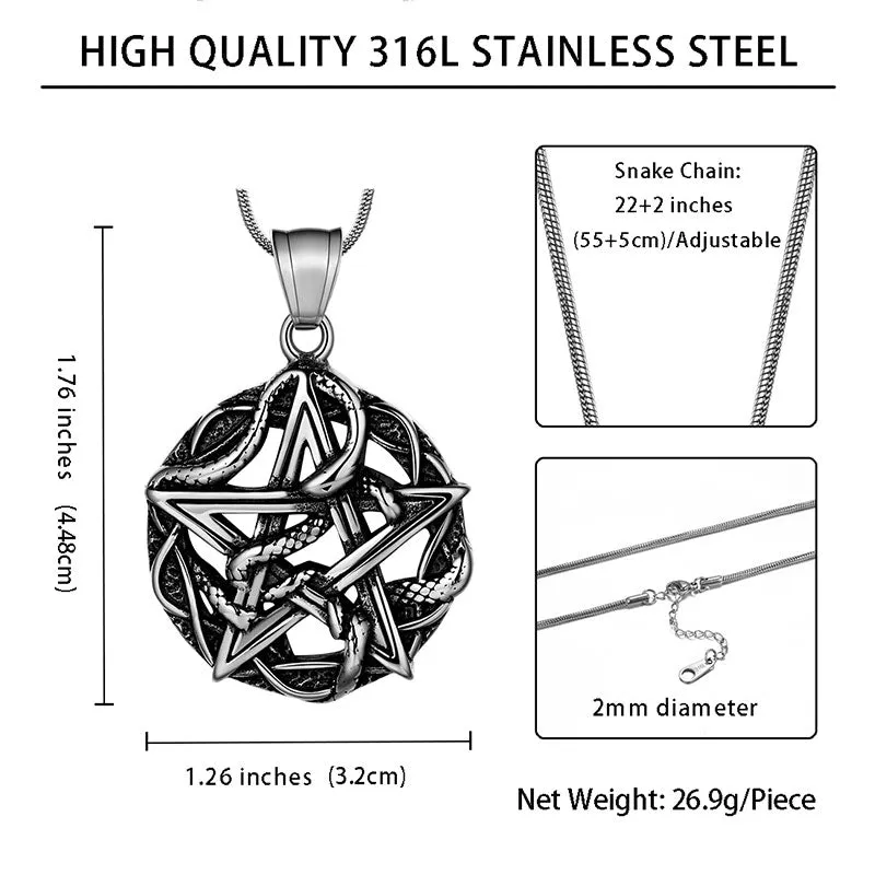 Men Wiccan Necklace Pentagram Entwined Snake Pendant Jewelry 316L Stainless Steel
