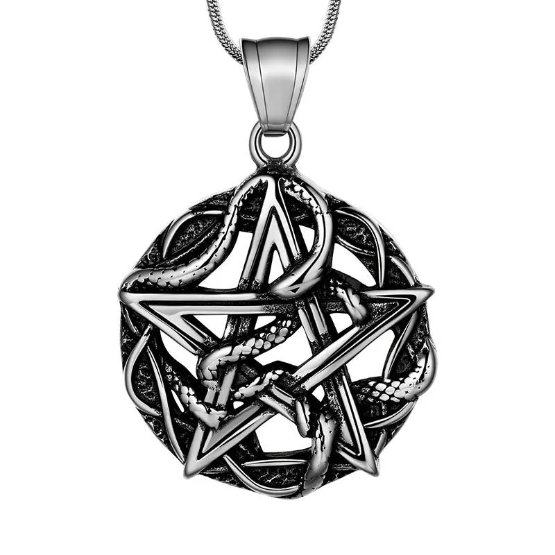 Men Wiccan Necklace Pentagram Entwined Snake Pendant Jewelry 316L Stainless Steel