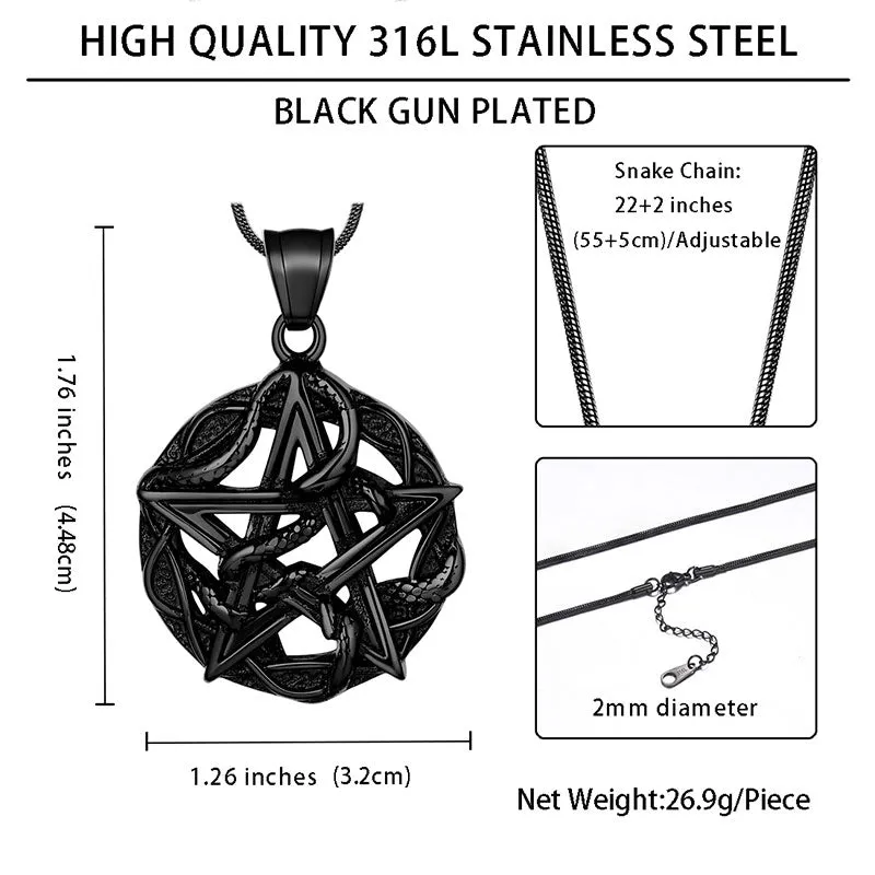 Men Wiccan Necklace Pentagram Entwined Snake Pendant Jewelry 316L Stainless Steel