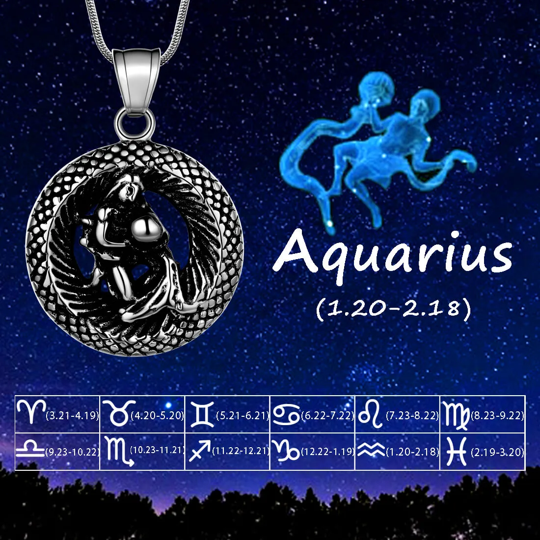 Men Zodiac Aquarius Necklace Pendant Star Sign Constellation Jewelry Women Boys Girls Birthday Gift