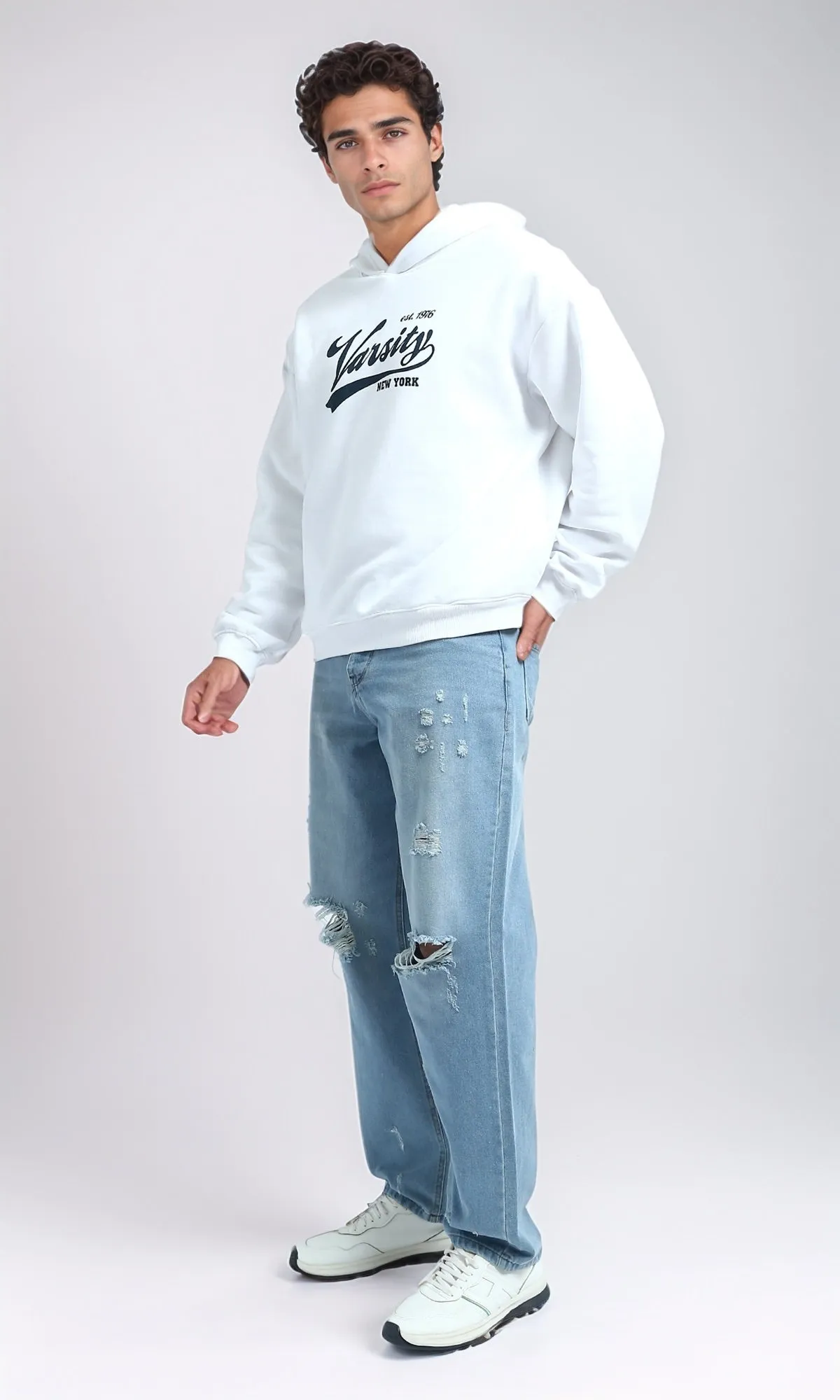 O199302 - Fashionable Cotton Ripped Jeans - Light Jeans Blue