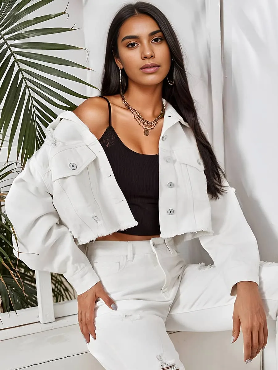 Raw edge ripped denim short jacket