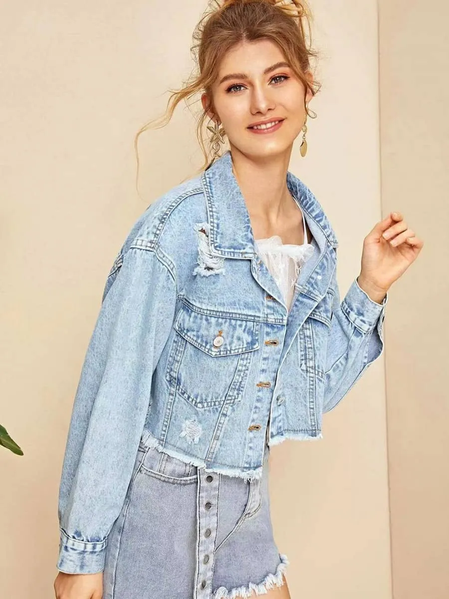 Raw edge ripped denim short jacket