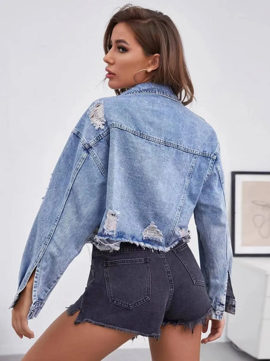 Raw edge ripped denim short jacket