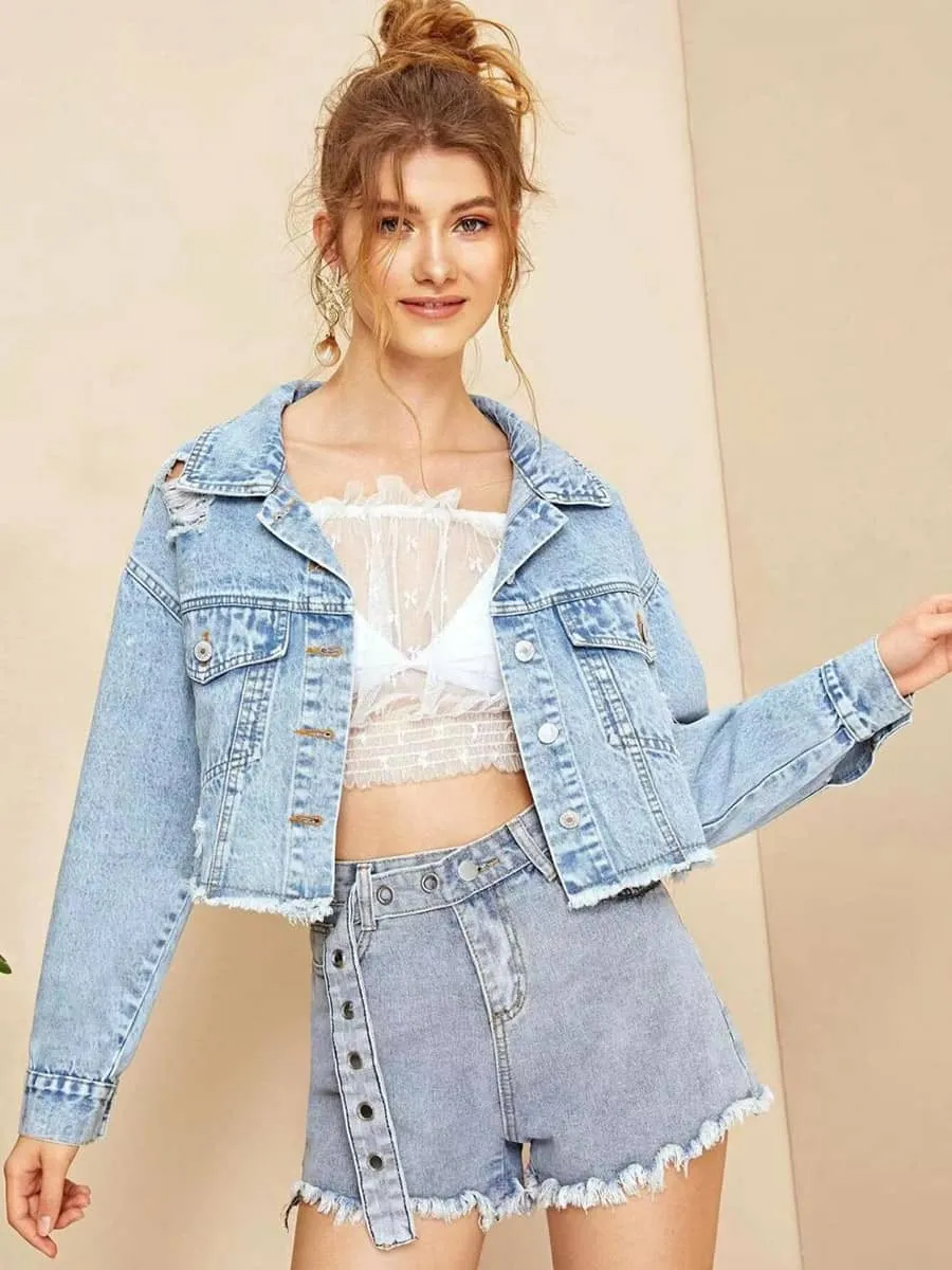 Raw edge ripped denim short jacket