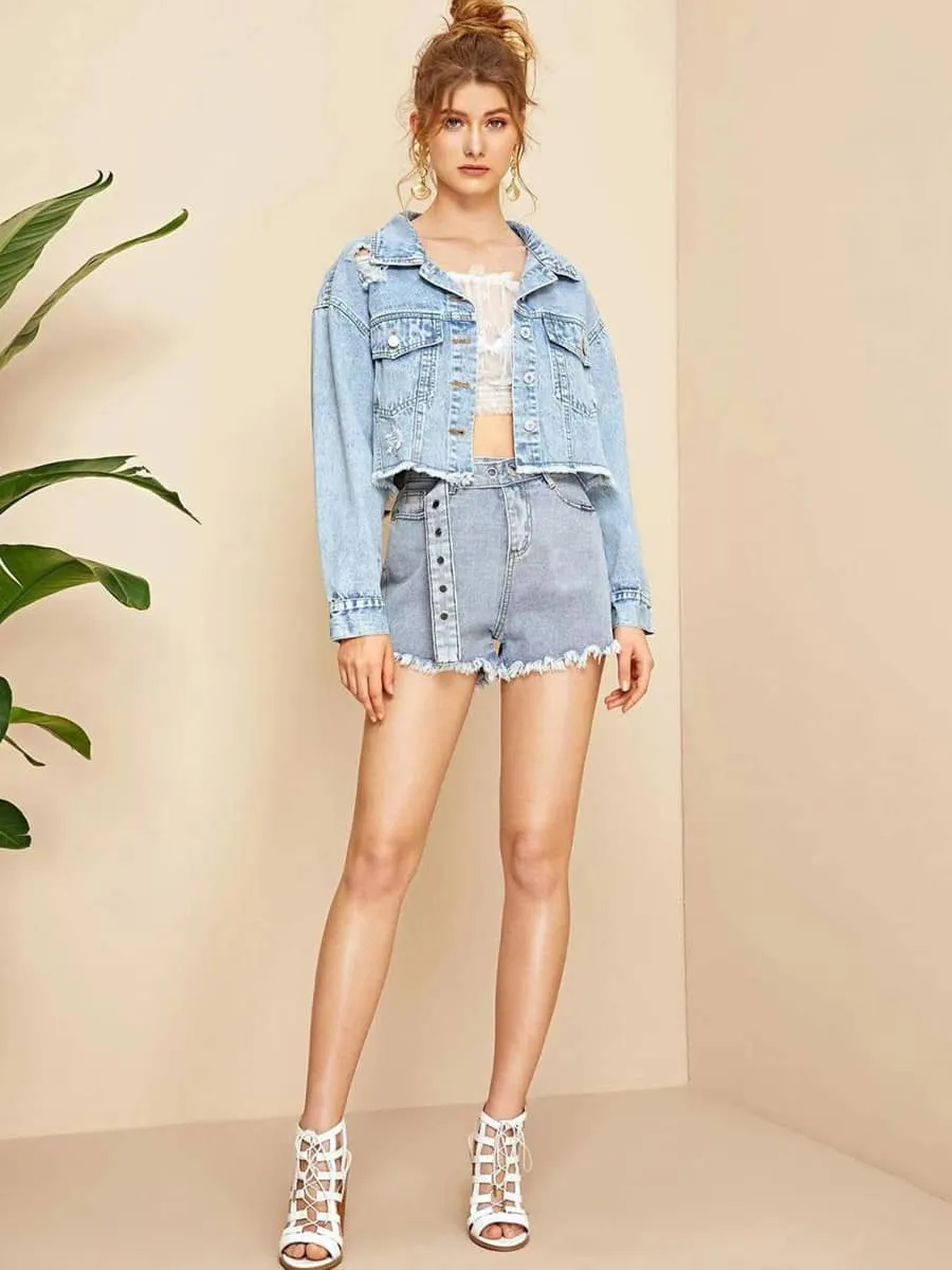 Raw edge ripped denim short jacket