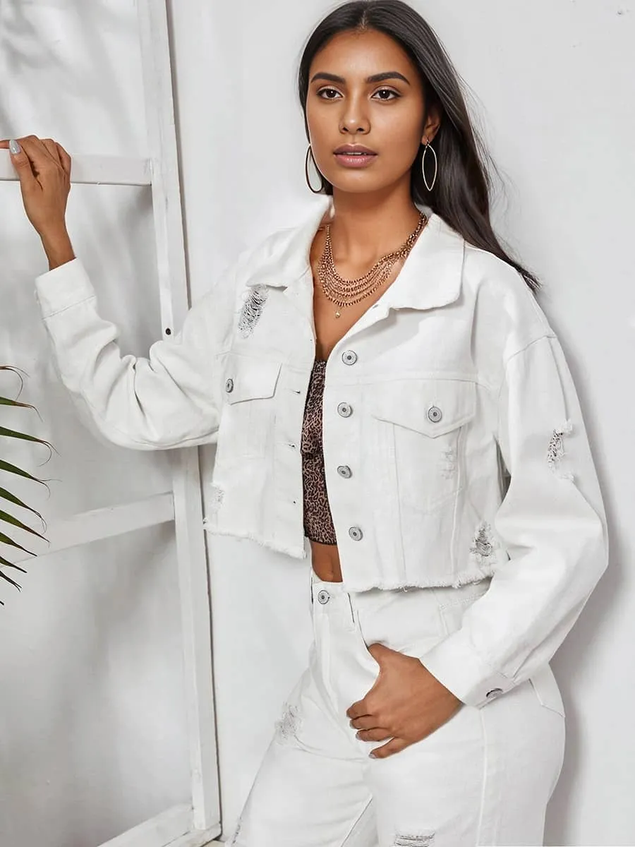 Raw edge ripped denim short jacket