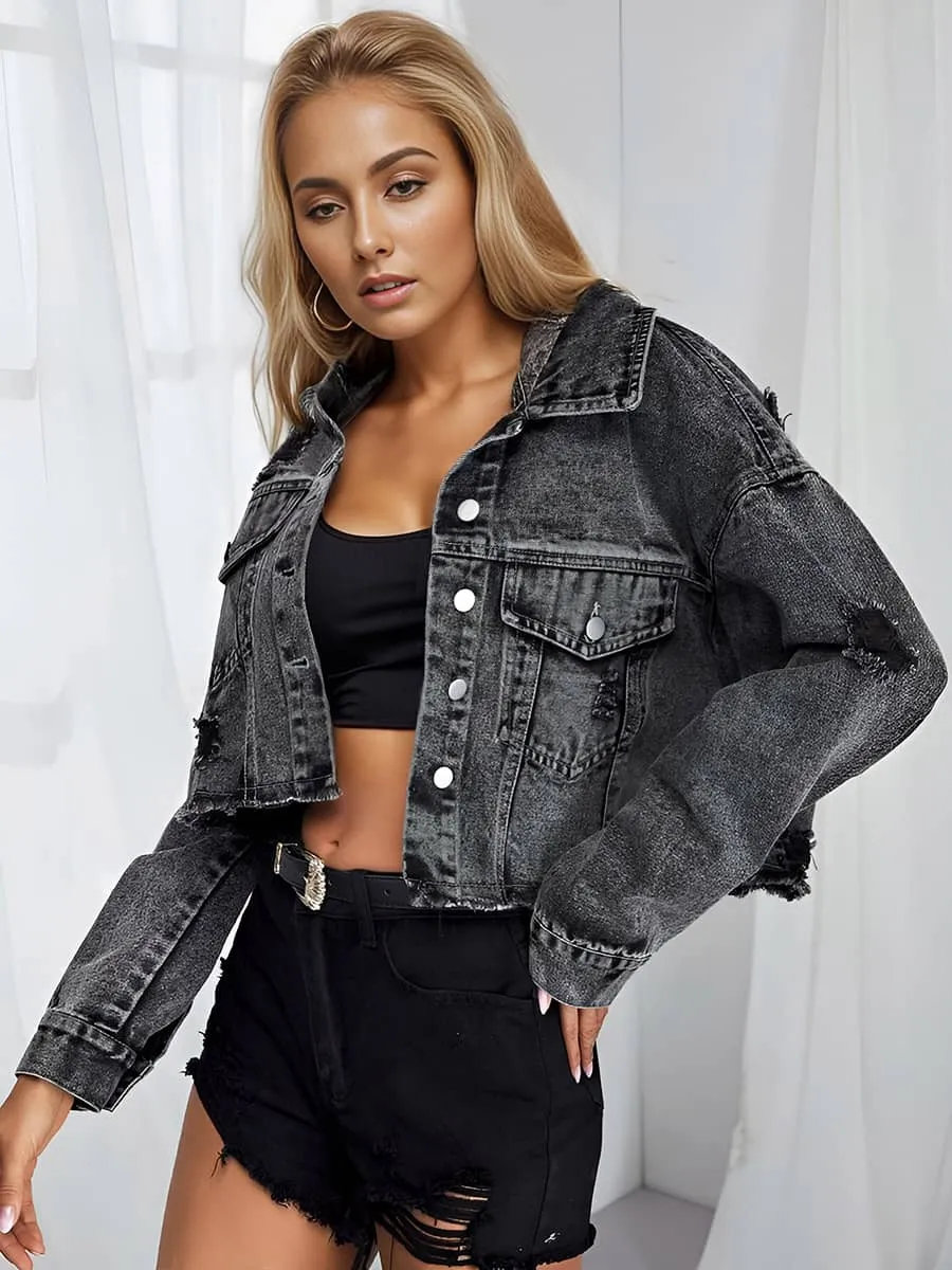 Raw edge ripped denim short jacket