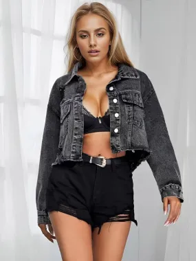 Raw edge ripped denim short jacket