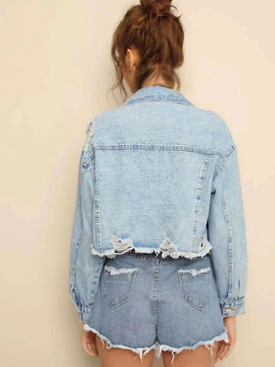 Raw edge ripped denim short jacket