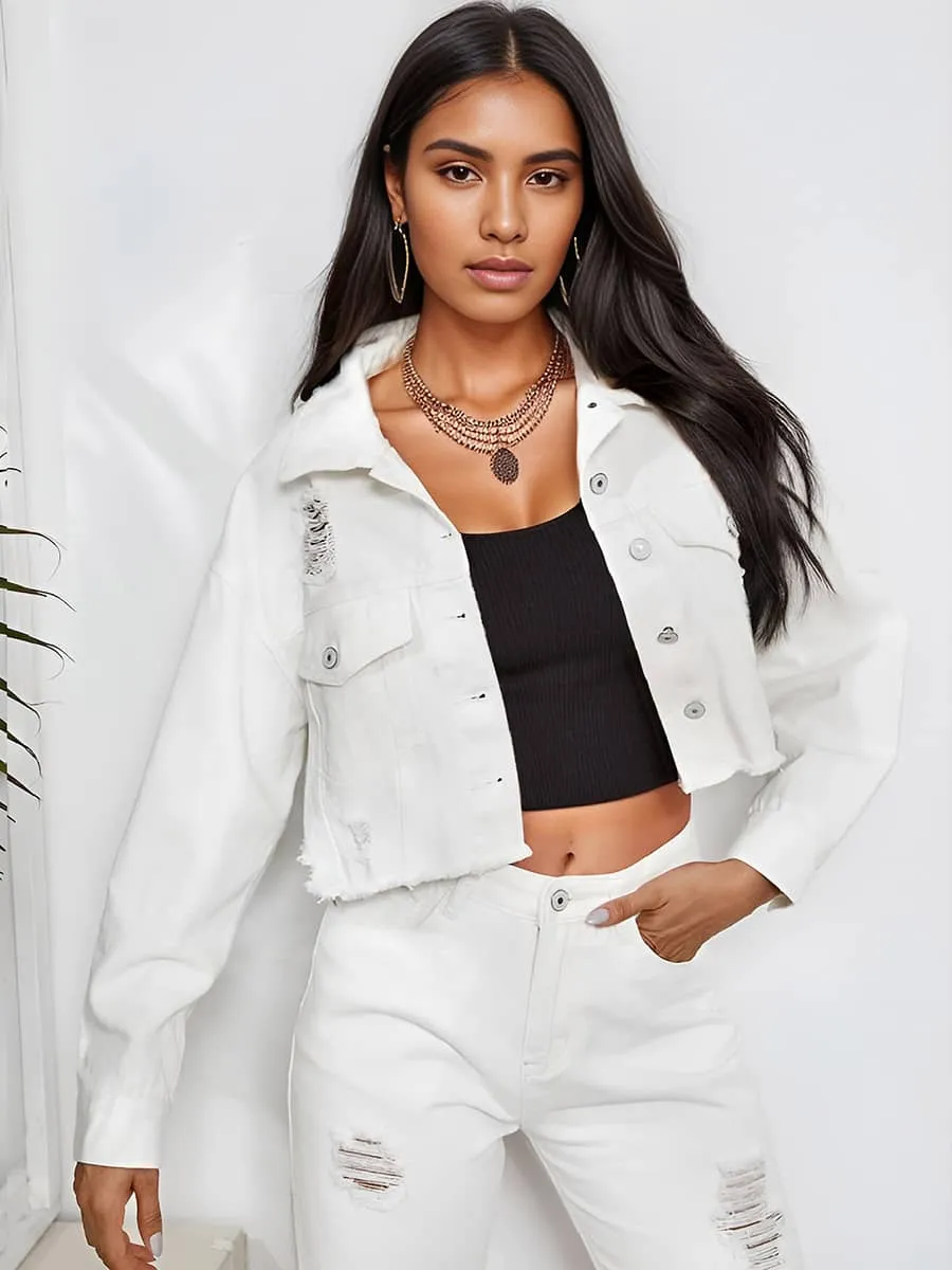 Raw edge ripped denim short jacket
