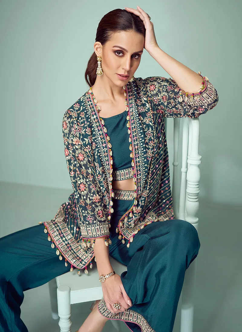 Turquoise Multi Floral Embroidery Blazer Co-Ord Set